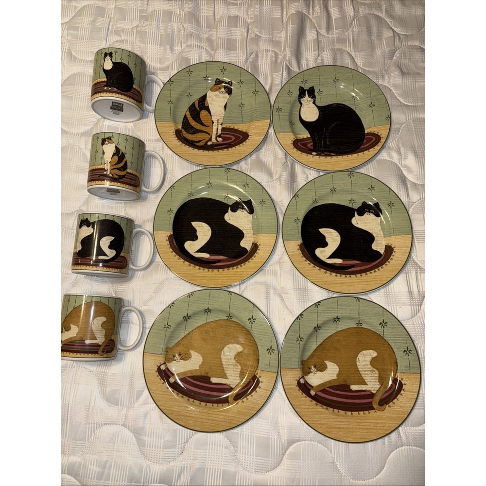 6 Warren Kimble Sakura Cat Collection Plates And 4 Mugs.